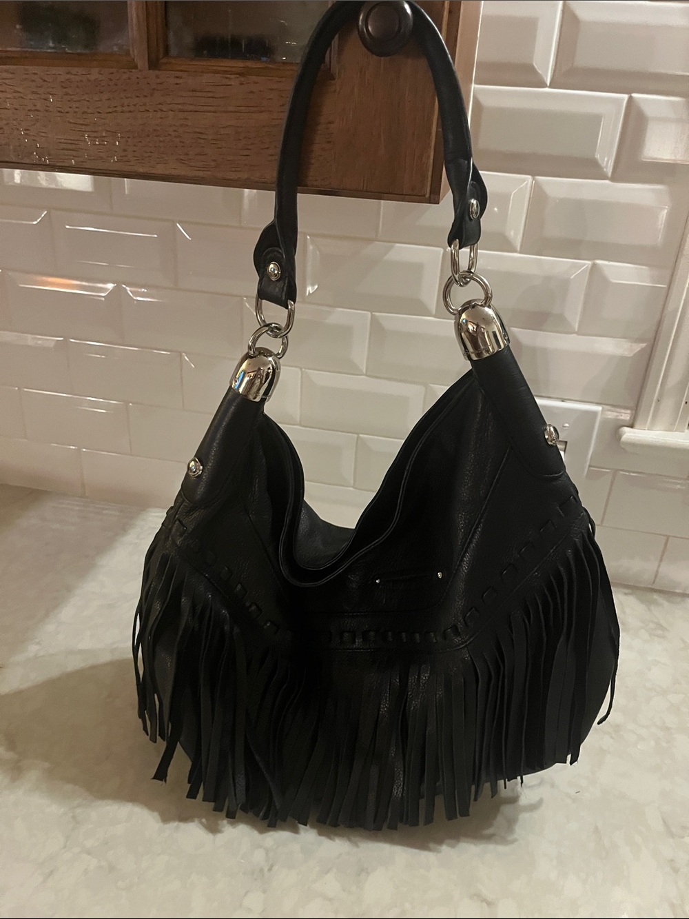 b. makowsky Black Leather Fringe Shoulder Bag